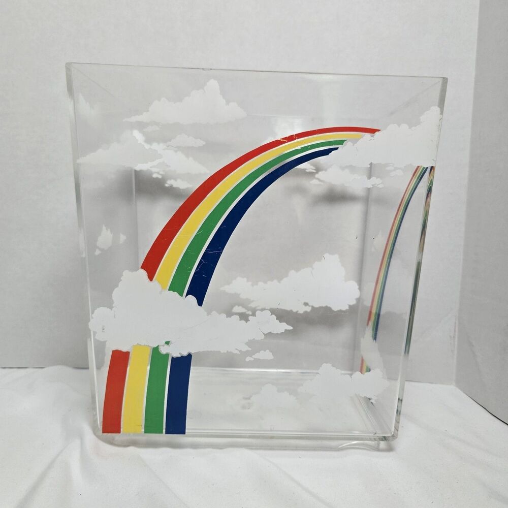 Vintage Rainbow Clouds Clear Lucite Acrylic Waste Bin Trash Can Retro Prop READ